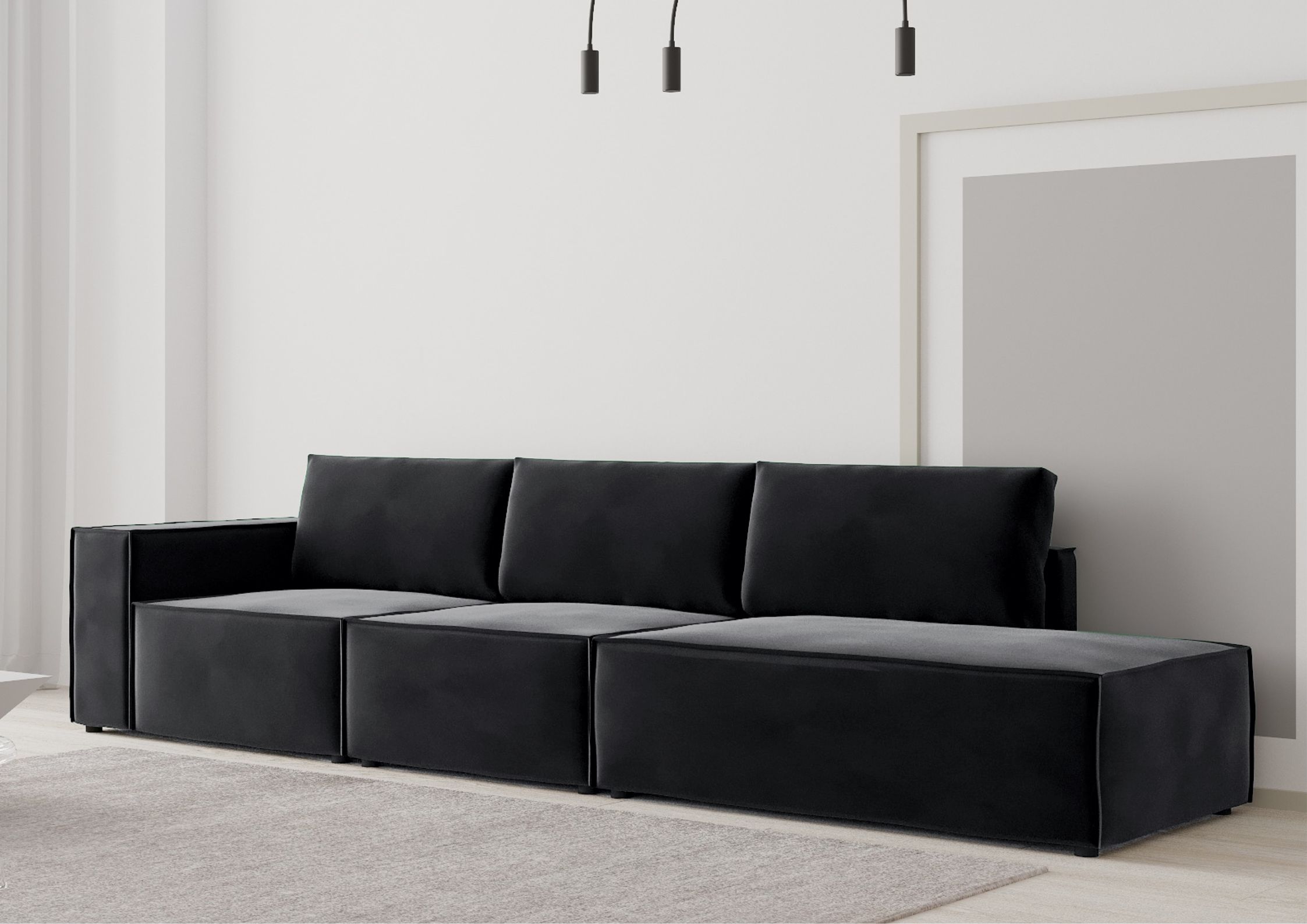 Czarna sofa modułowa z zewnętrznym szwem